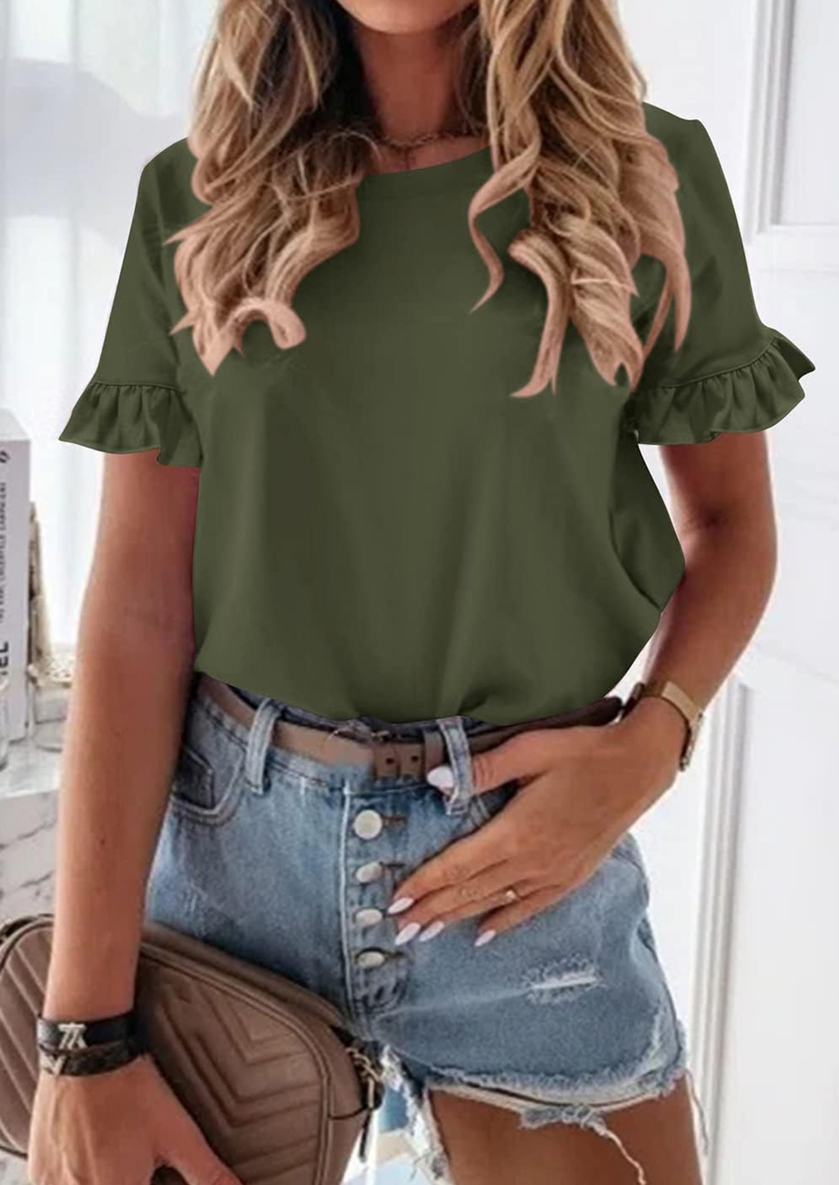 PRETTYGARDEN Women's Short Sleeve Casual T Shirts Summer Ruffle Plain Round Neck Loose Fit Tee Blouse Tops PRETTYGARDEN