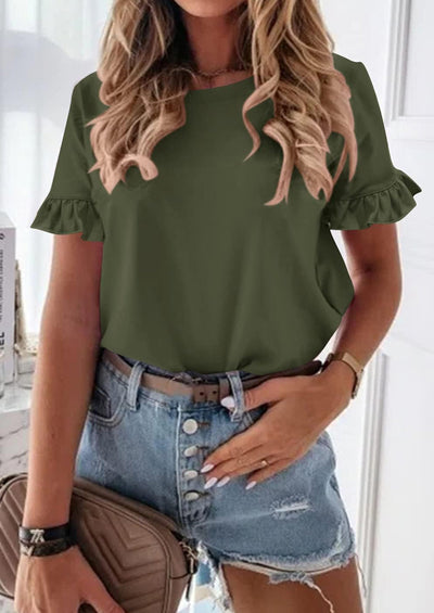 PRETTYGARDEN Women's Short Sleeve Casual T Shirts Summer Ruffle Plain Round Neck Loose Fit Tee Blouse Tops PRETTYGARDEN
