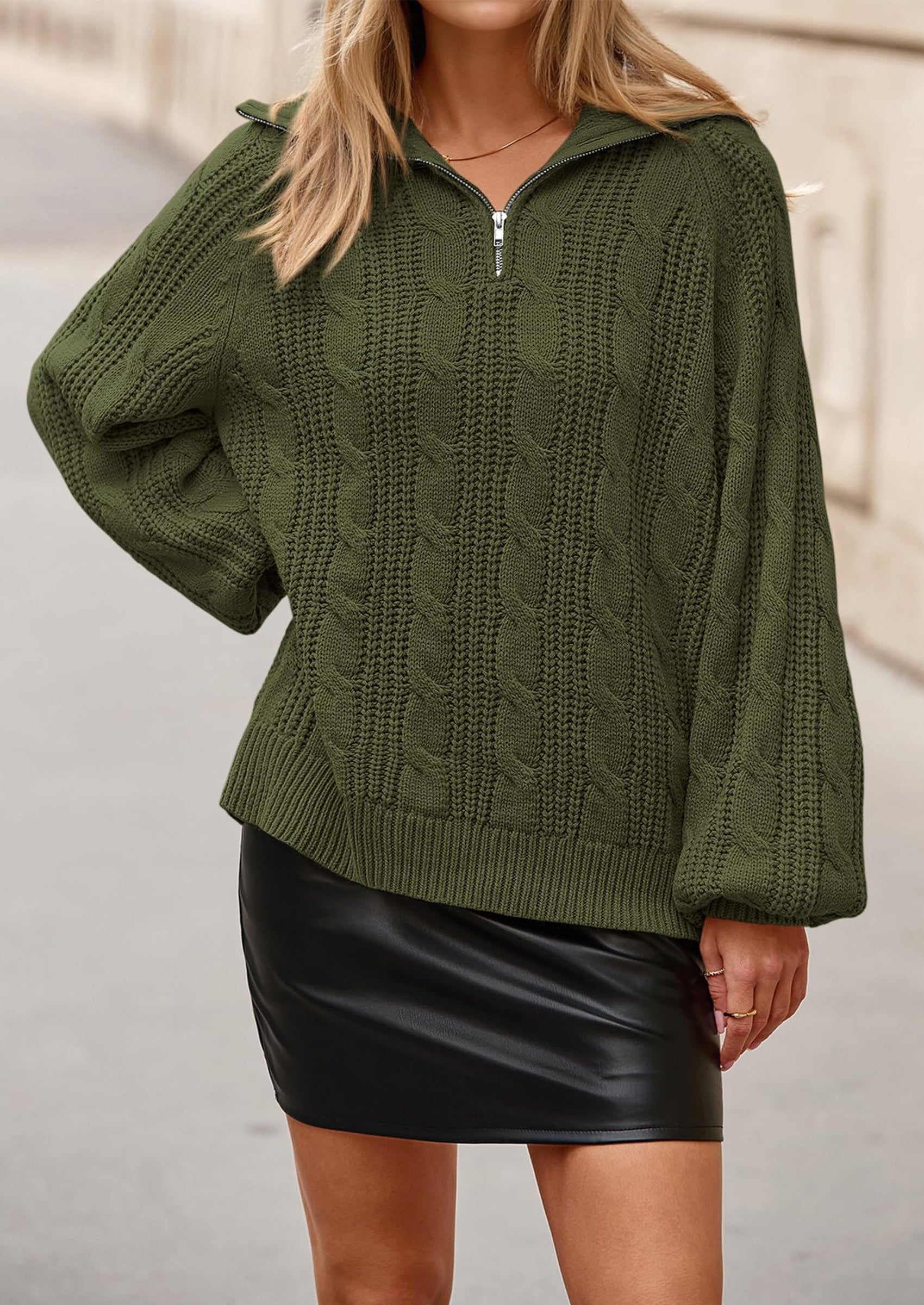 BTFBM Sweaters for Women Fall Fashion Loose Quarter Zip Pullover Collared Long Sleeve Cable Knit Winter Clothes