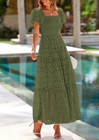 PRETTYGARDEN Dresses for Women Eyelet Square Neck Puff Sleeve Smocked Wedding Guest Maxi Dress with Pockets