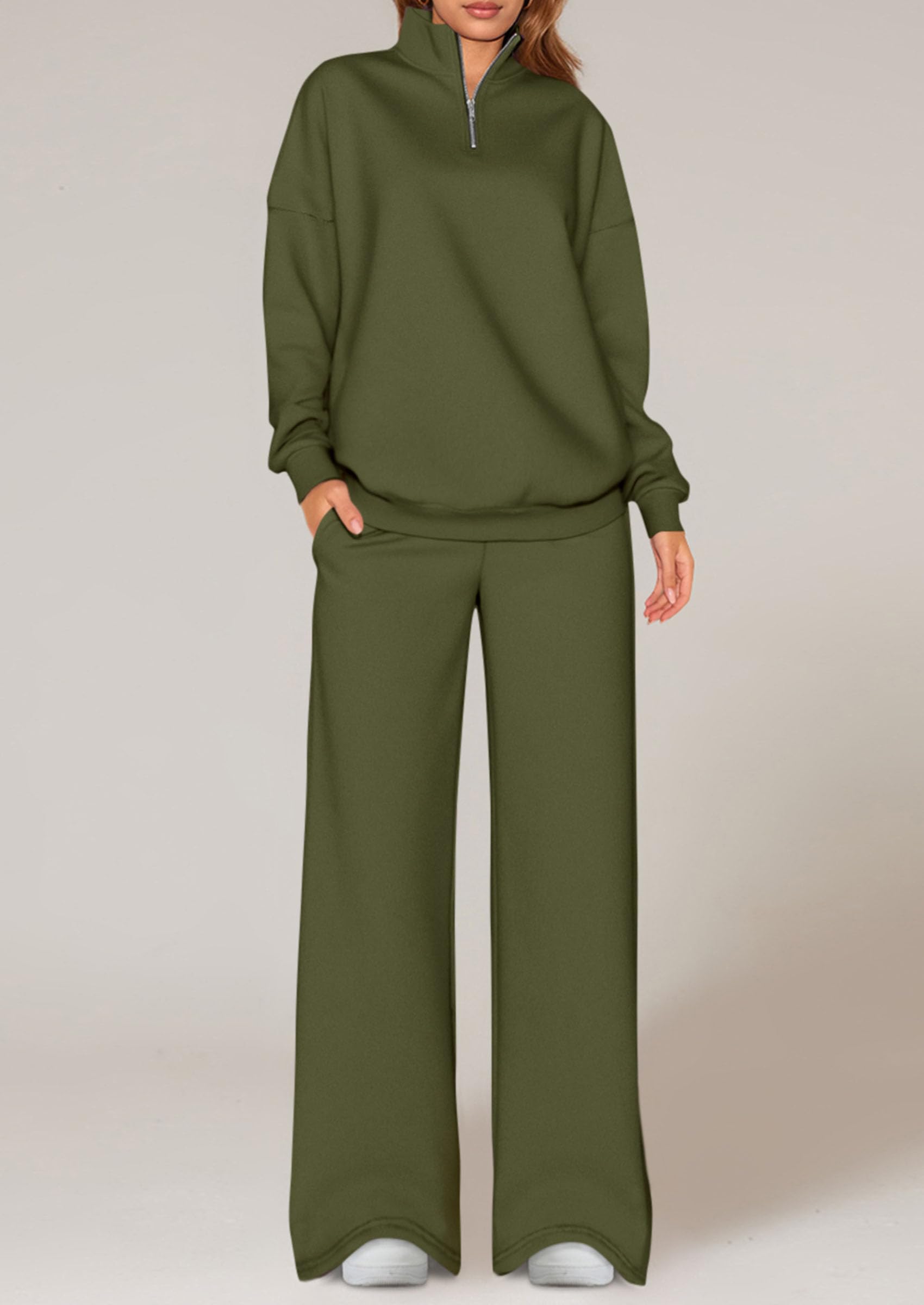 PRETTYGARDEN Womens Casual Two Piece Sets Fall Outfits Quarter Zip Sweatshirts Straight Leg Pants Sweatsuits Tracksuit