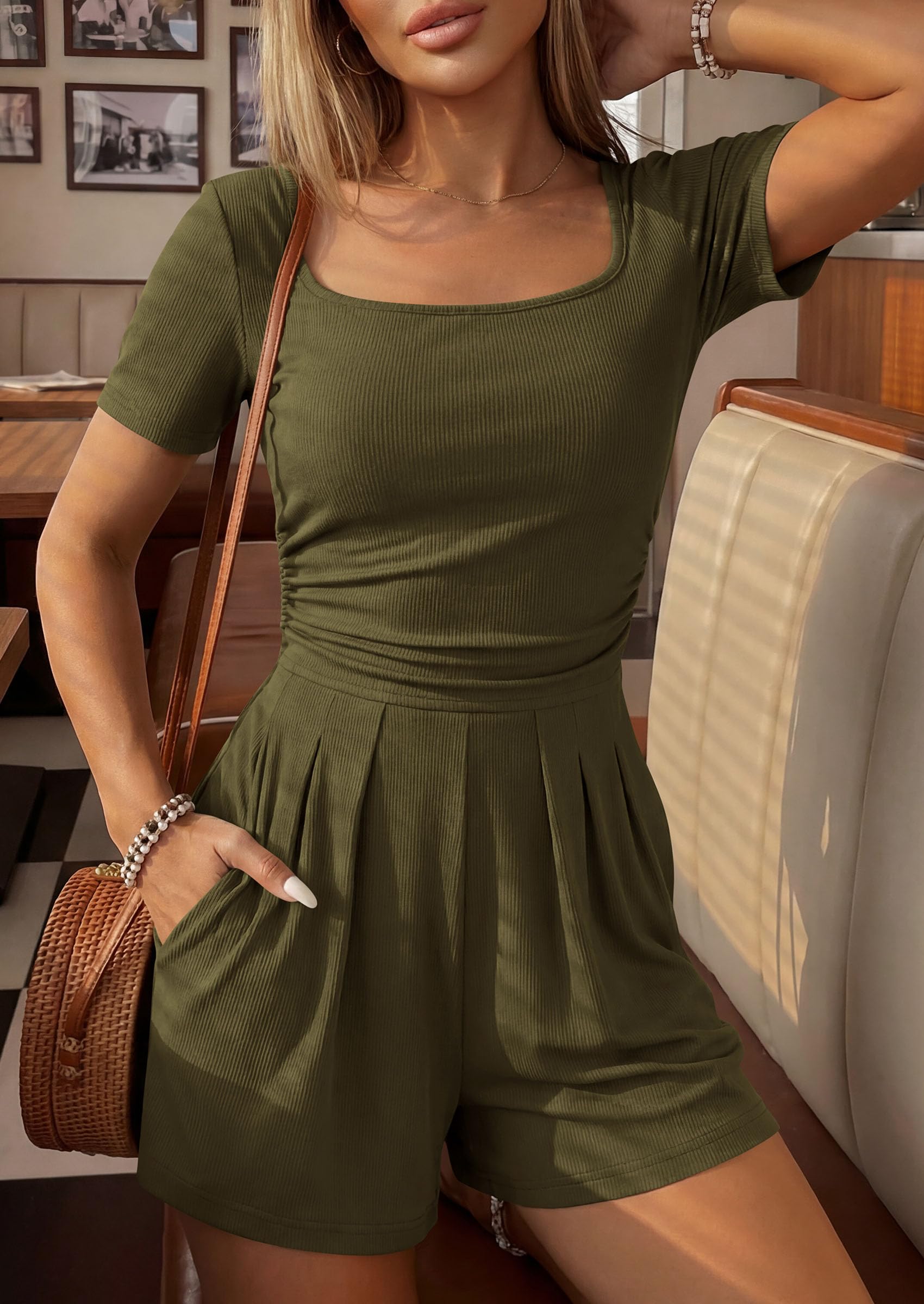 PRETTYGARDEN Summer Rompers For Women Short Sleeve Shirt Knit Shorts One Piece Jumpsuit Casual Beach Vacation Clothes PRETTYGARDEN