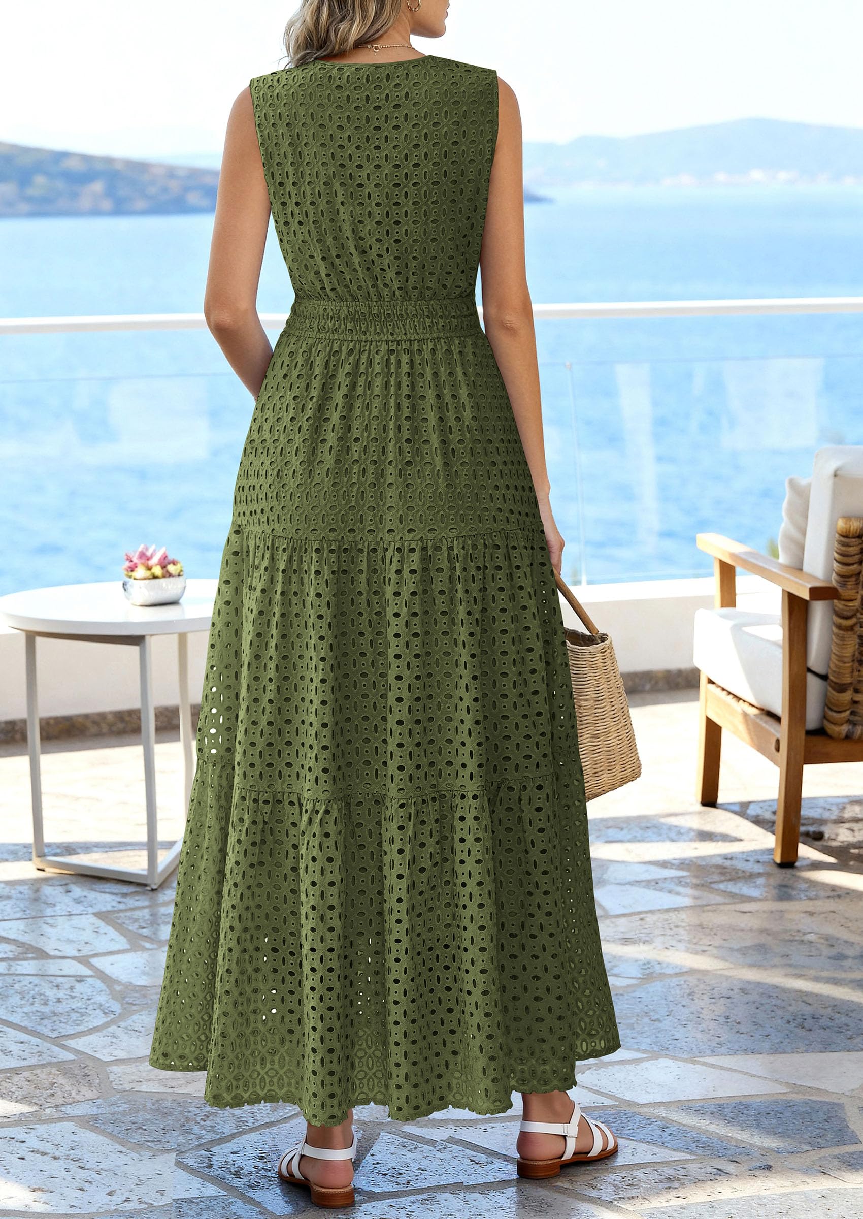 PRETTYGARDEN Summer Dresses for Women Sundresses Sleeveless V Neck Eyelet A Line Flowy Beach Vacation Spring Maxi Dress PRETTYGARDEN