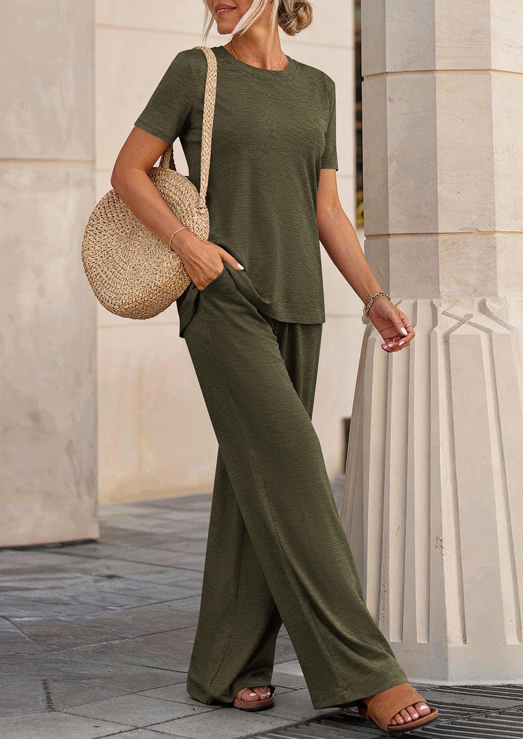 PRETTYGARDEN Summer Lounge Sets for Women 2 Piece Short Sleeve Crewneck Cute Tops and Wide Leg Pants with Pockets Pj Set PRETTYGARDEN