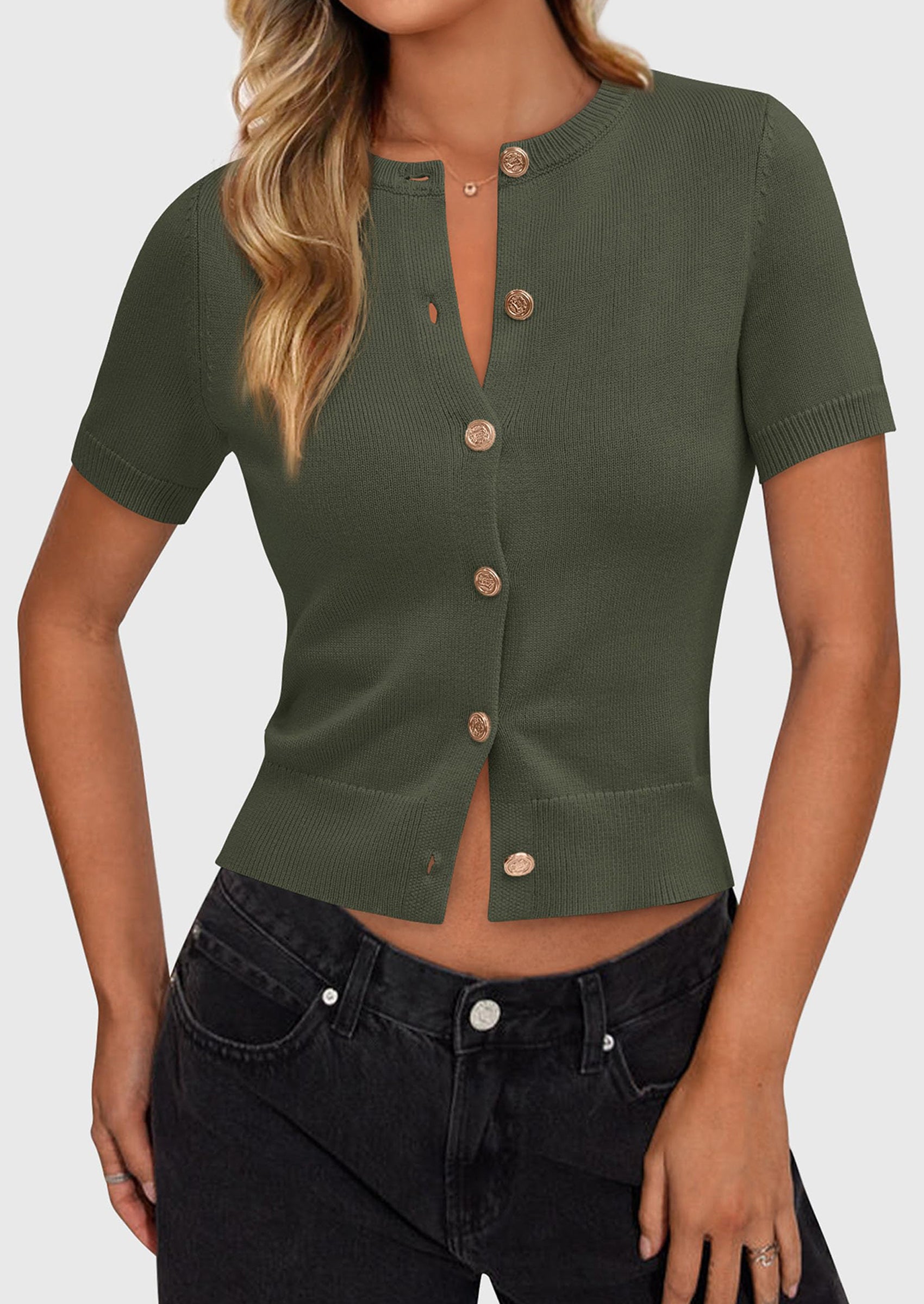 PRETTYGARDEN Womens Casual Summer Short Sleeve Cardigans Button Down Knitted Sweater Basic Crew Neck Crop Tops