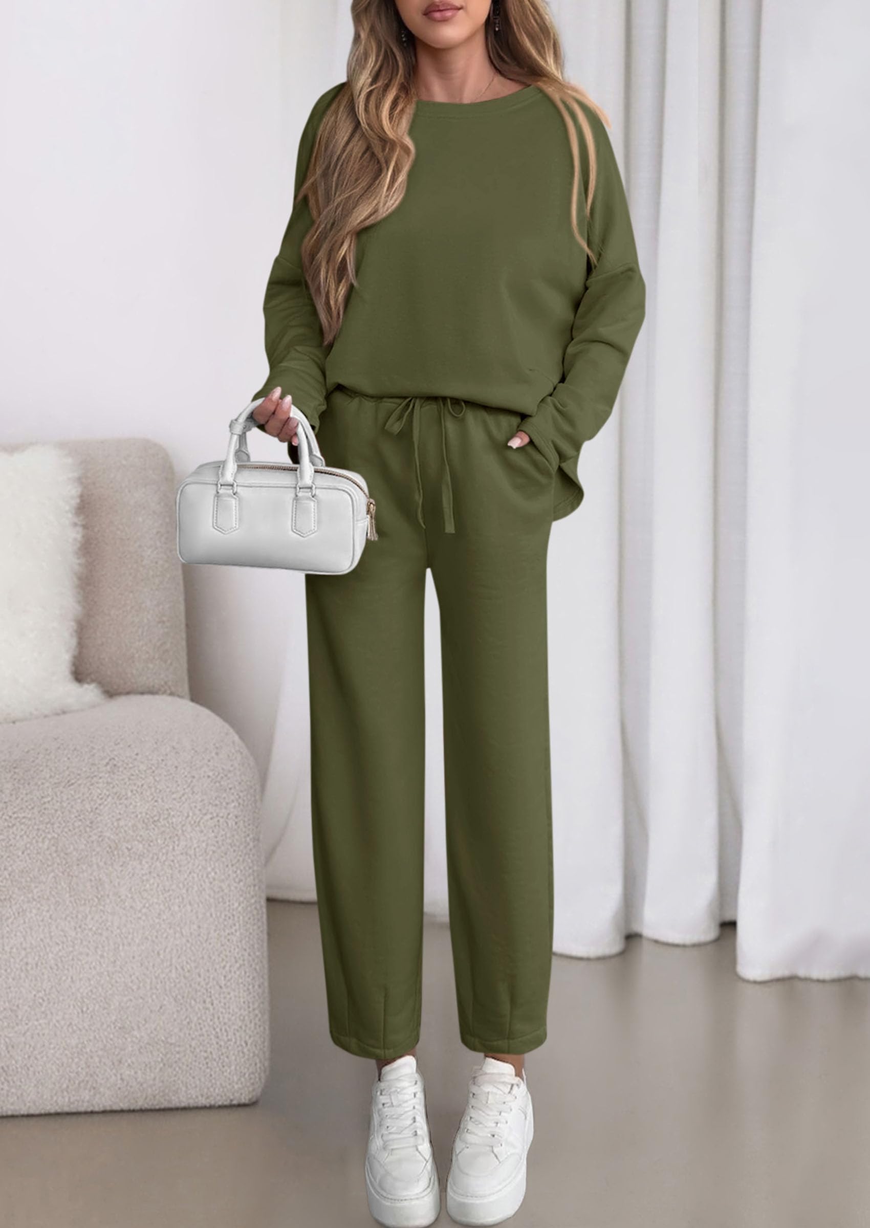 PRETTYGARDEN Womens 2 Piece Matching Lounge Sets Fall Long Sleeve Boatneck Sweatsuit Drawstring Sweatpants Pockets