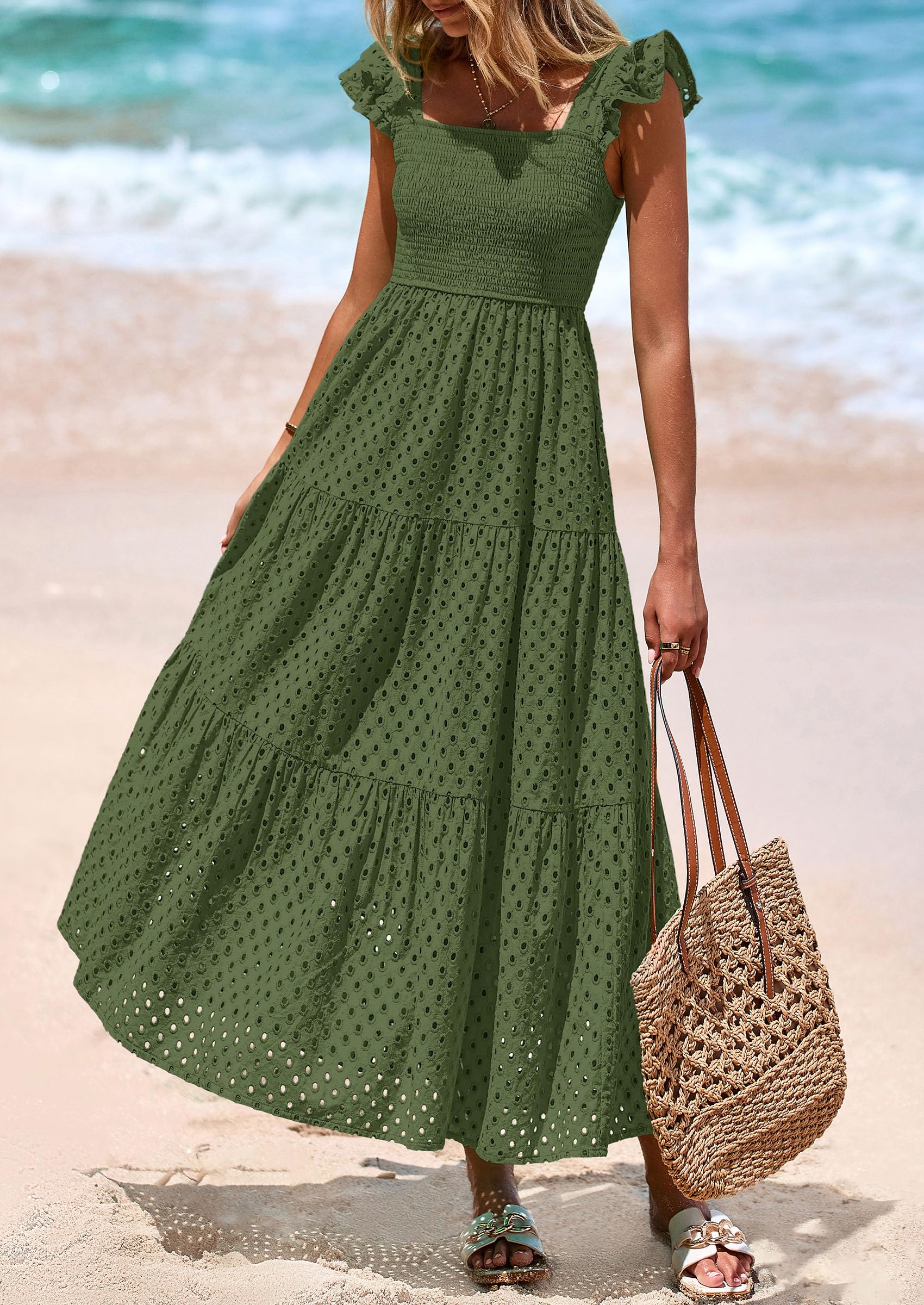 PRETTYGARDEN Womens Square Neck Maxi Dresses Cap Sleeve Eyelet Smocked Tiered A Line Flowy Long Dress with Pockets