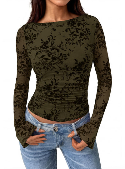 PRETTYGARDEN Women's Bell Sleeve Floral Mesh Crop Tops | Slim Fitted Shirts, Long Sleeve Going Out Top, Ruched Front, Boat Neck, Casual Blouses, Fall Date Night Outfits, Y2K Clothes