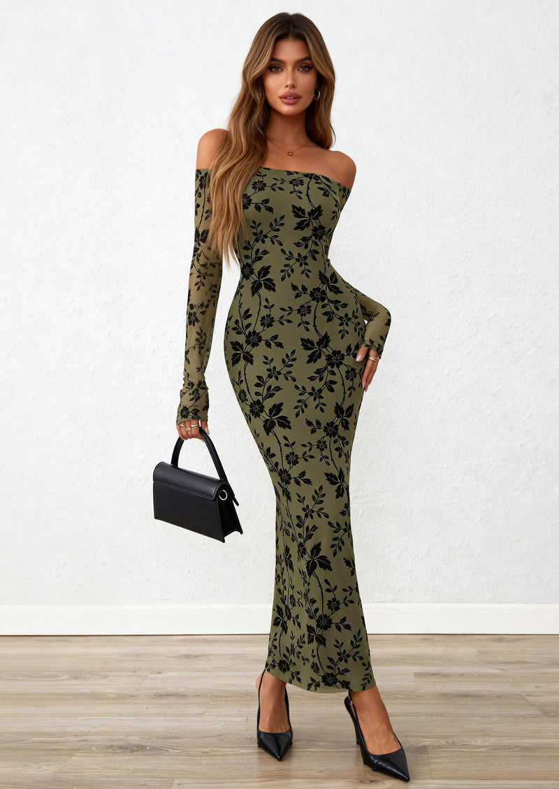 PRETTYGARDEN Womens Off The Shoulder Floral Maxi Bodycon Dress Fall Long Sleeve Mesh Fitted Long Formal Wedding Guest Dresses PRETTYGARDEN