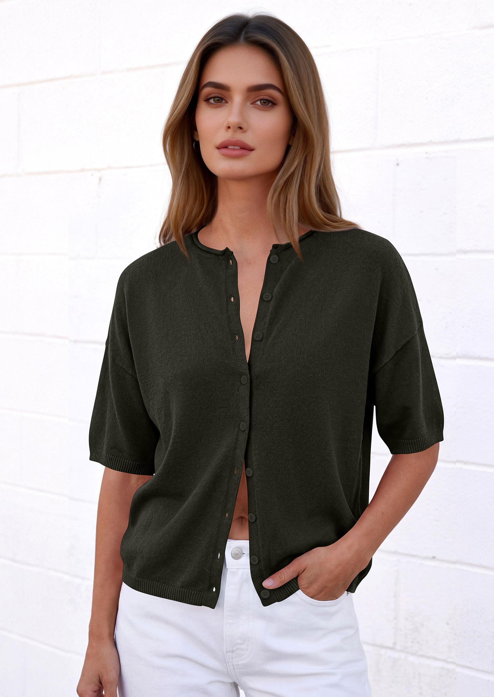 PRETTYGARDEN Women Spring Short Sleeve Cardigan Sweaters Button Down Knit Shirt Blouse Dressy Casual Tops Summer Outfits PRETTYGARDEN