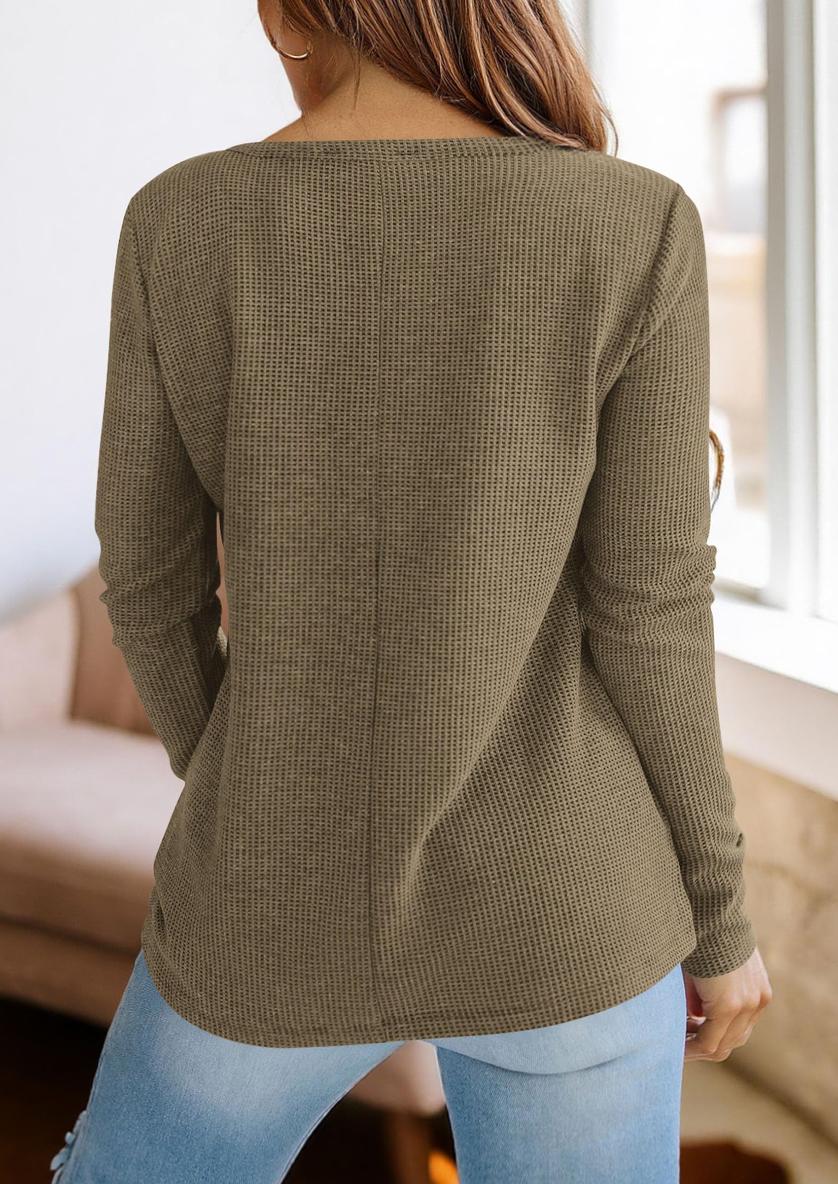 PRETTYGARDEN Long Sleeve Shirts for Women Fall V Neck Waffle Basic Tee Dressy Casual Winter Blouses Knit Tunic Tops