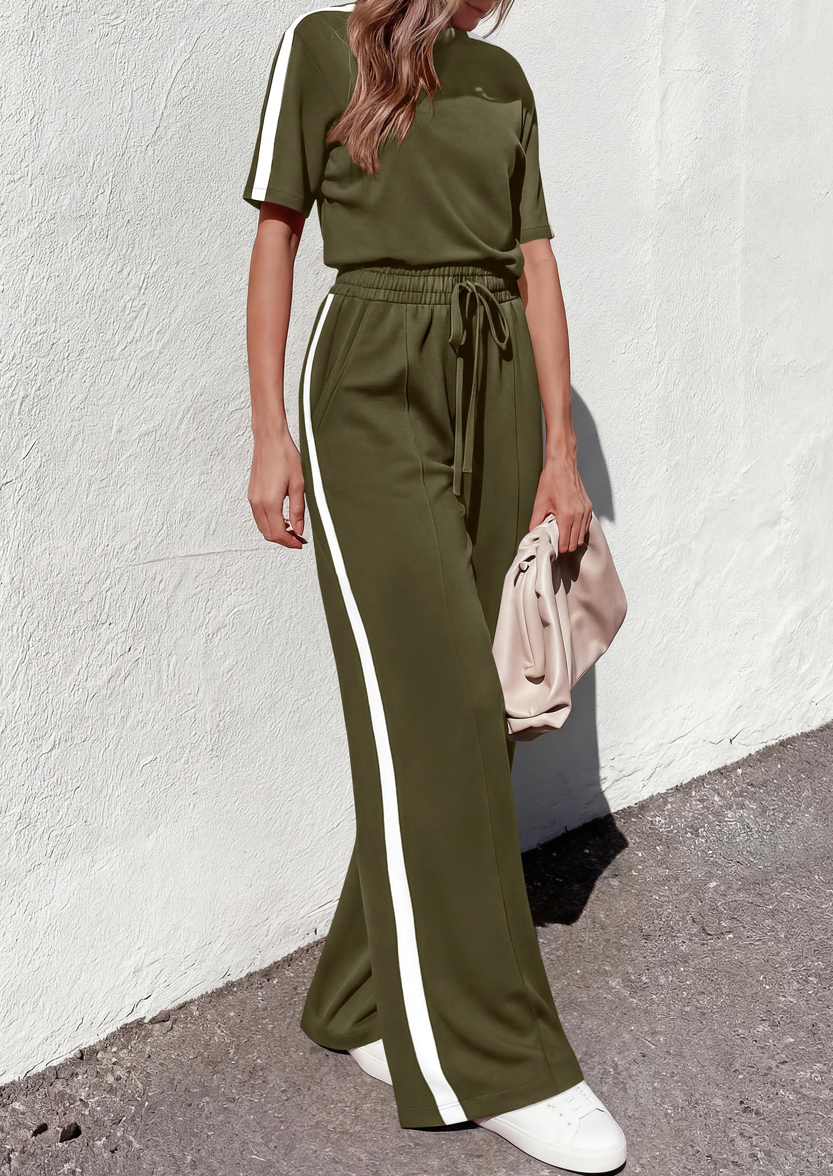 PRETTYGARDEN Women's 2 Piece Sets Summer Casual Short Sleeve Tops Wide Leg Pants Matching Lounge Set Vacation Travel Outfits PRETTYGARDEN