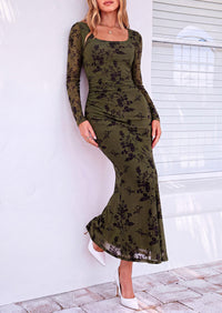 PRETTYGARDEN Women's Long Sleeve Floral Maxi Bodycon Dress  Cocktail Dresses for Wedding Guest, Square Neck, Stretchy Mesh, Elegant Classy, Formal Holiday Party, Fall Date Night Outfits