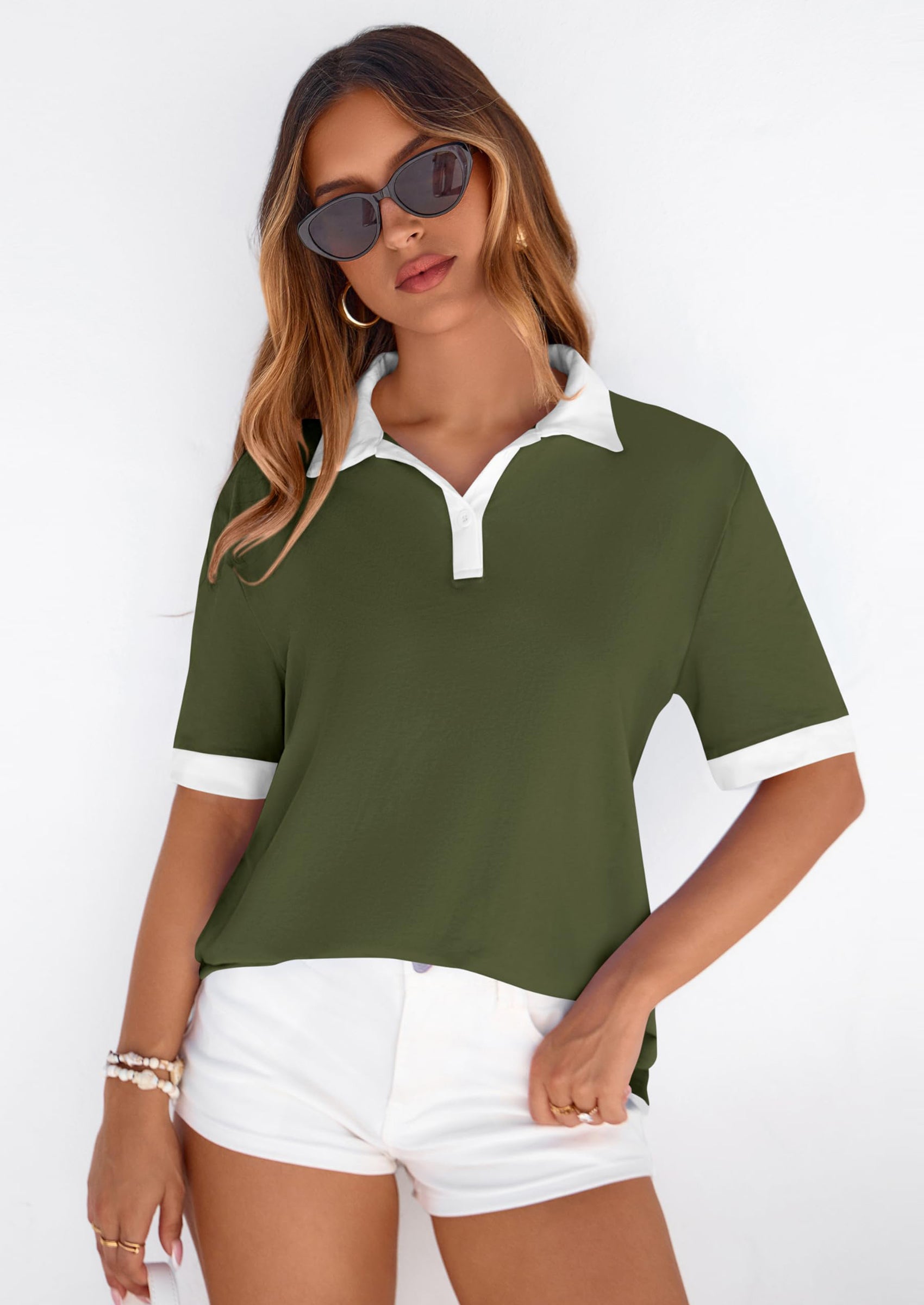 PRETTYGARDEN Summer Short Sleeve Polo Shirts for Women Collared V Neck Work Dressy Tops Knit Loose Business Casual Outfits PRETTYGARDEN