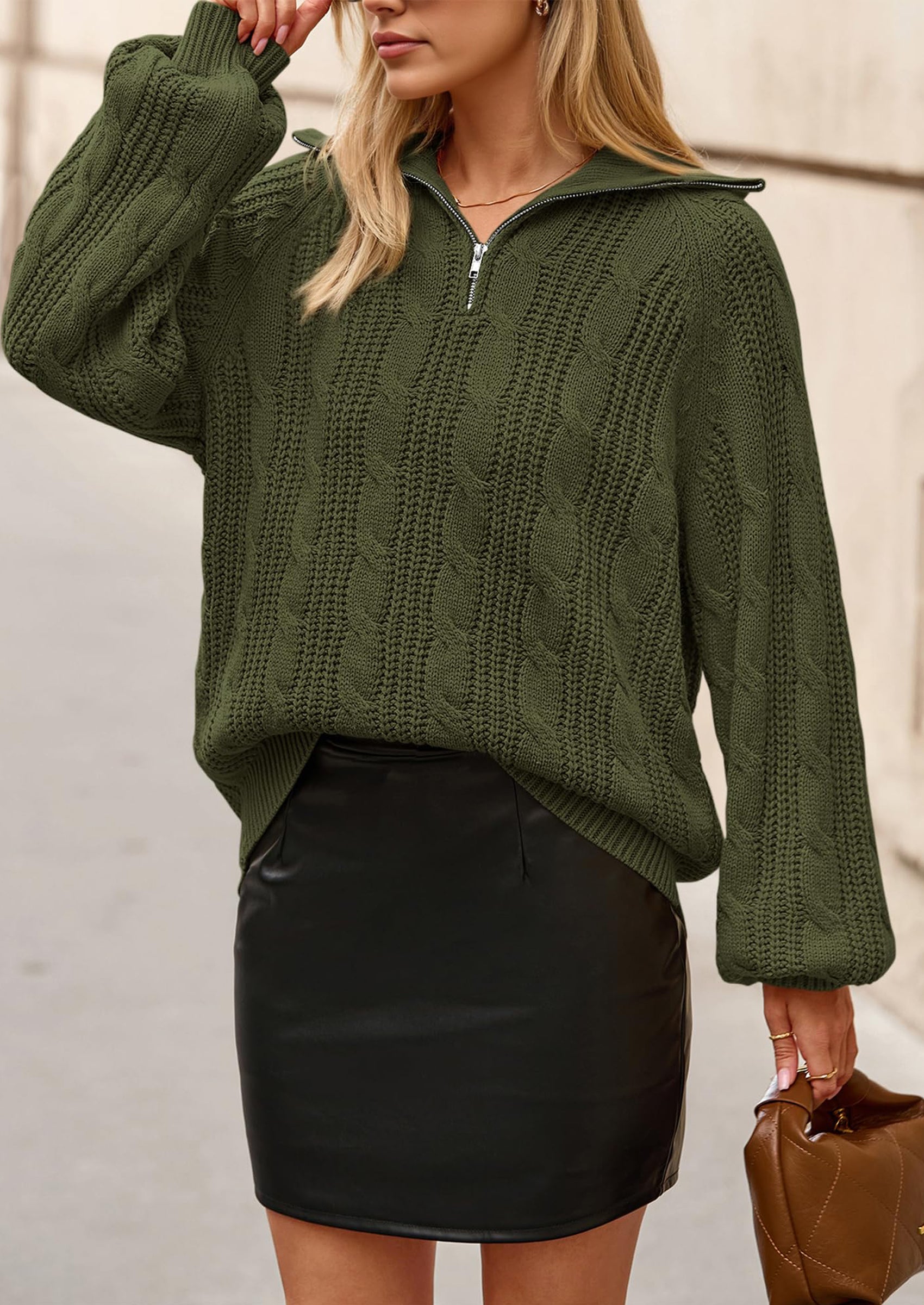 BTFBM Sweaters for Women Fall Fashion Loose Quarter Zip Pullover Collared Long Sleeve Cable Knit Winter Clothes