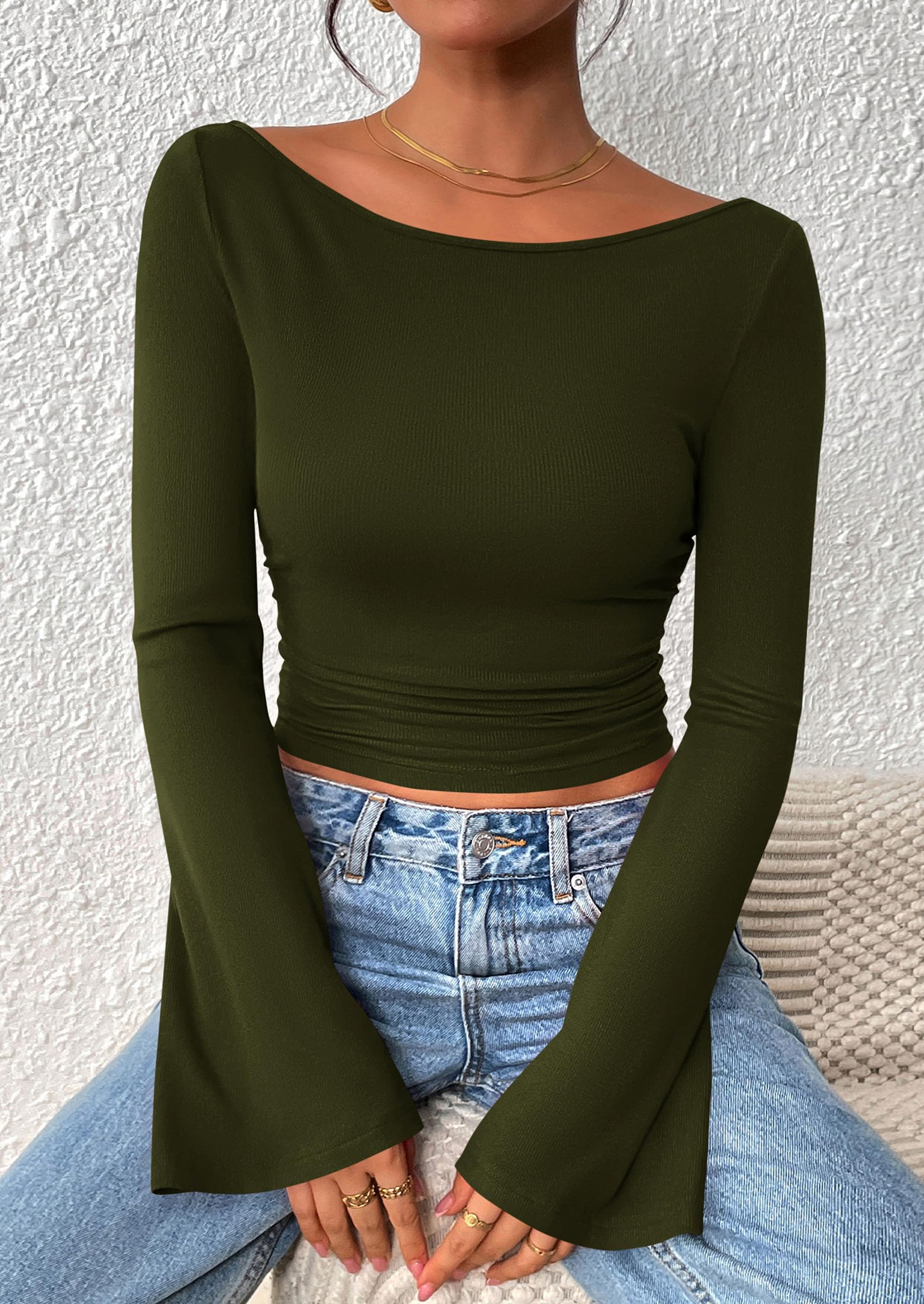 PRETTYGARDEN Women's Long Sleeve Shirts Fall Going Out Tops Casual Boat Neck Bell Sleeve Ribbed Ruched Y2K Clothes