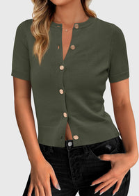 PRETTYGARDEN Womens Casual Summer Short Sleeve Cardigans Button Down Knitted Sweater Basic Crew Neck Crop Tops