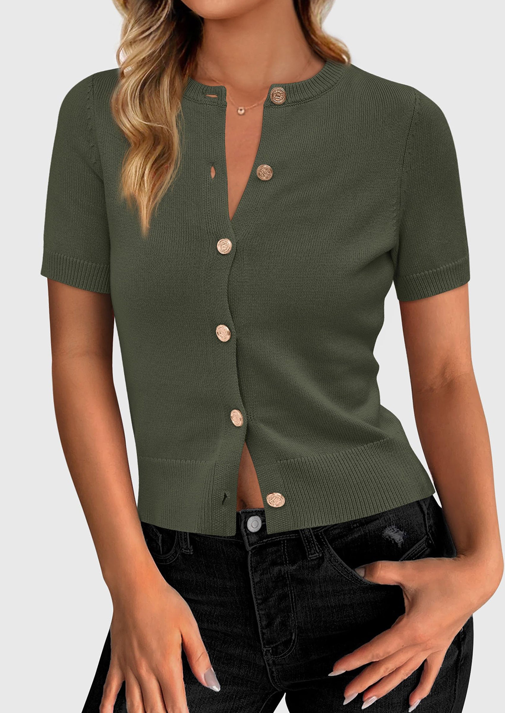 PRETTYGARDEN Womens Casual Summer Short Sleeve Cardigans Button Down Knitted Sweater Basic Crew Neck Crop Tops