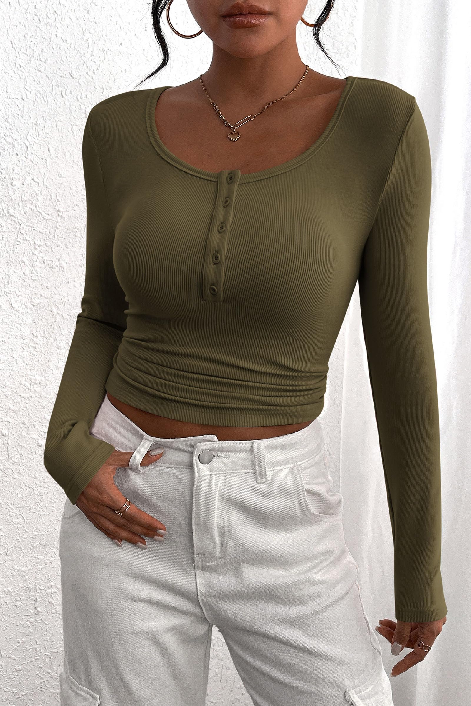 PRETTYGARDEN Women's Spring Fall Long Sleeve Henley T Shirts Button Ribbed Knit Slim Fit Casual Basic Tops Blouse