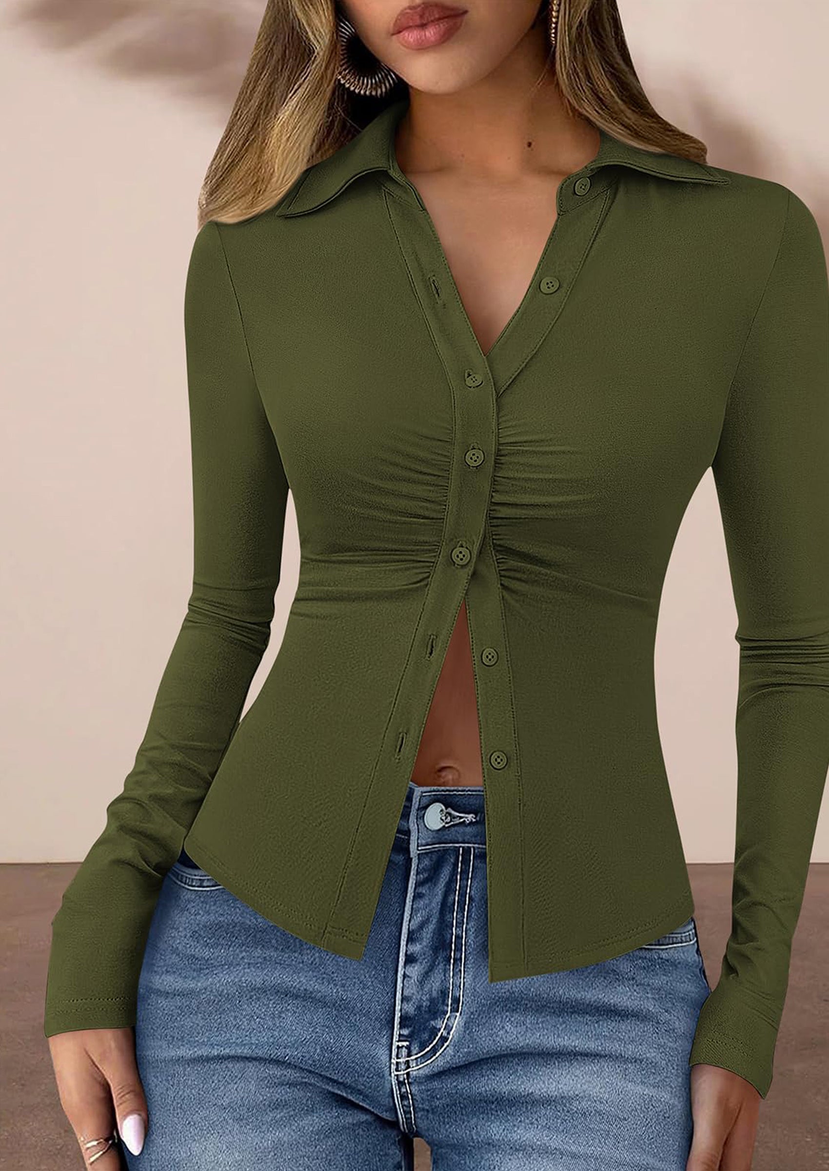 PRETTYGARDEN Womens Button Down Shirts V Neck Collared Ruched Slim Fit Long Sleeve Shirt Casual Fall Fashion Ladies Tops PRETTYGARDEN