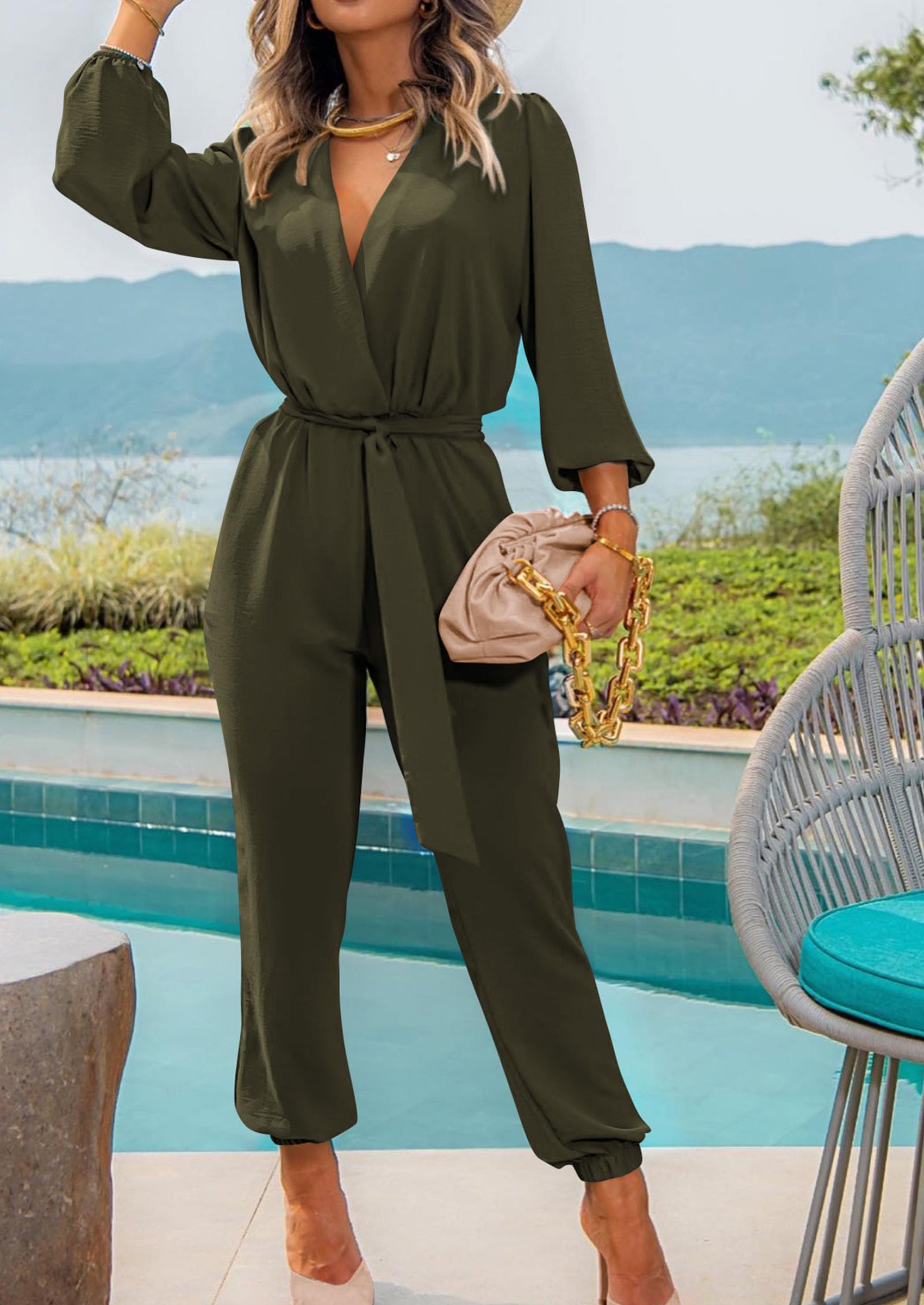 PRETTYGARDEN Women's Fall Jumpsuits Dressy Casual Pants Romper Spring Long Sleeve V Neck Belt Pockets One Piece Outfits