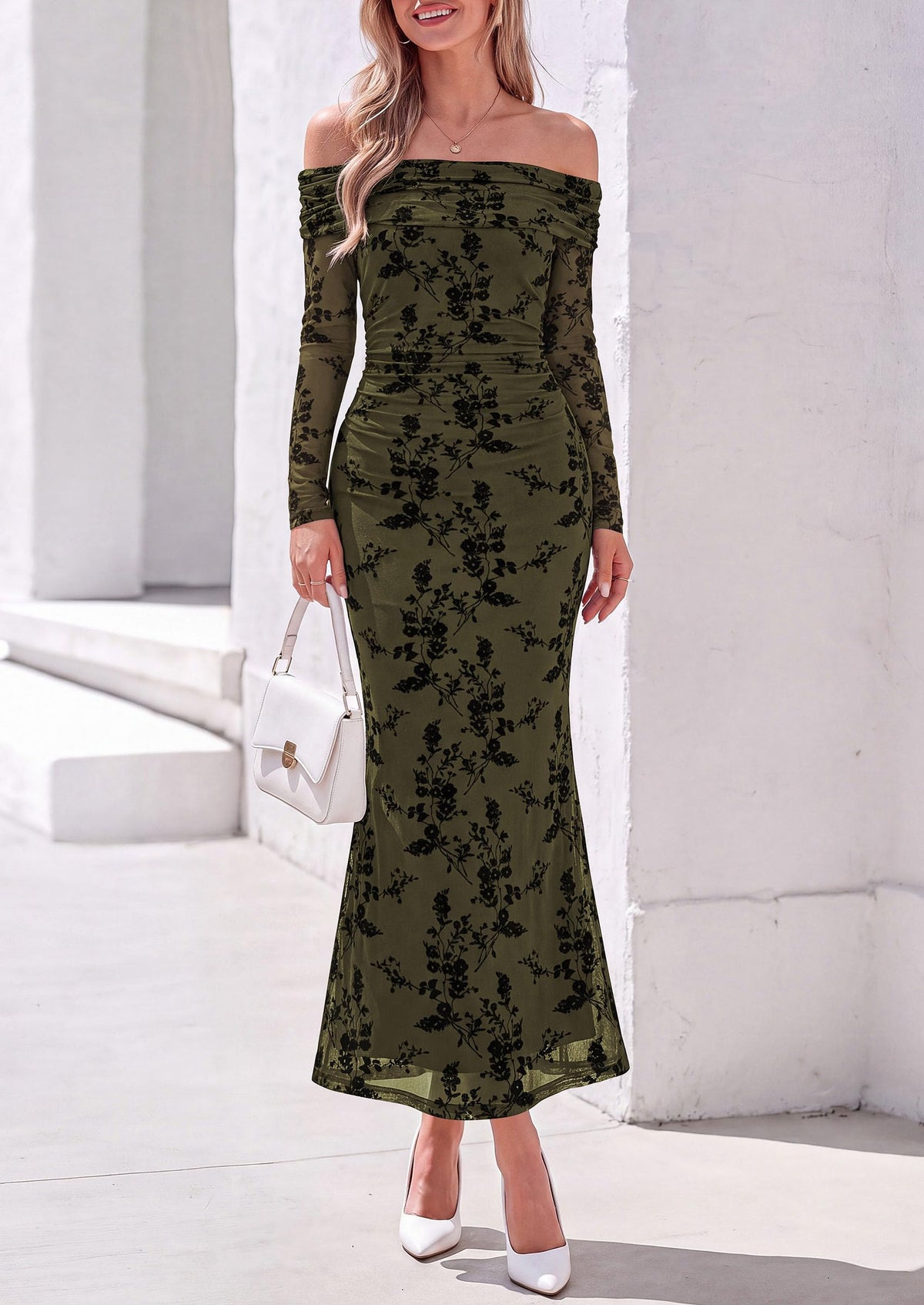PRETTYGARDEN Womens Off Shoulder Floral Maxi Wedding Guest Dress  Mesh Slim Fit,Elegant Bodycon,Formal Party Cocktail Dress,Bridal Shower Baby Shower,Date Night Outfits,Vacation Long Dresses