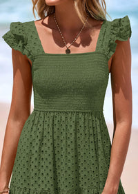 PRETTYGARDEN Womens Square Neck Maxi Dresses Cap Sleeve Eyelet Smocked Tiered A Line Flowy Long Dress with Pockets