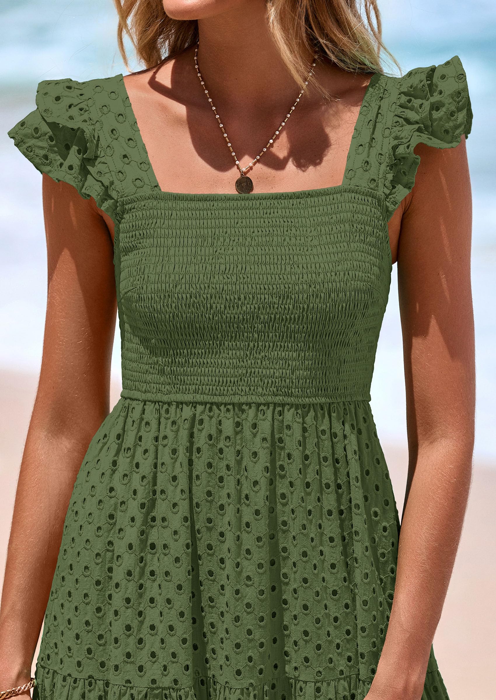 PRETTYGARDEN Womens Square Neck Maxi Dresses Cap Sleeve Eyelet Smocked Tiered A Line Flowy Long Dress with Pockets