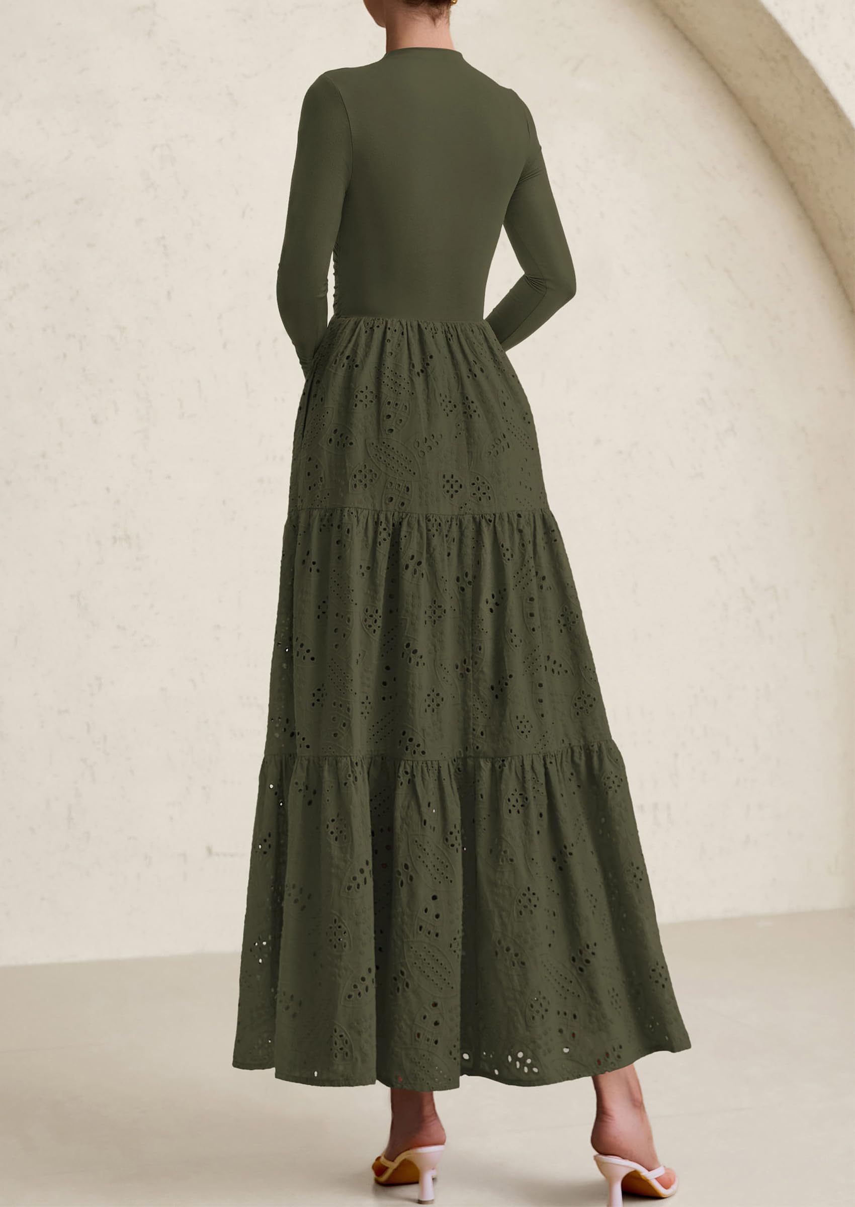 PRETTYGARDEN Long Sleeve Dress for Women Fall Eyelet Mock Neck A Line Elegant Classy Maxi Wedding Guest Dresses Pockets