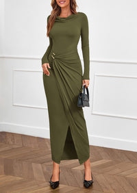 PRETTYGARDEN Women's Fall Wedding Guest Cocktail Midi Dresses Elegant Long Sleeve Bodycon Ruched Dress Fashion Clothing PRETTYGARDEN