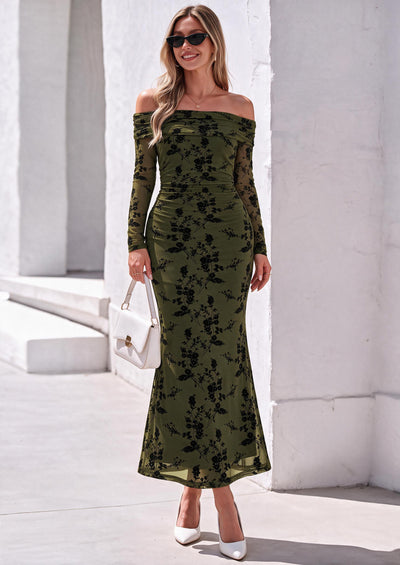 PRETTYGARDEN Womens Off Shoulder Floral Maxi Wedding Guest Dress  Mesh Slim Fit,Elegant Bodycon,Formal Party Cocktail Dress,Bridal Shower Baby Shower,Date Night Outfits,Vacation Long Dresses