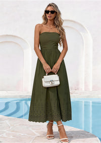PRETTYGARDEN Womens Summer Dresses Sexy Sleeveless Tube Top Long Dress Eyelet Cotton Maxi Beach Sundress Pockets