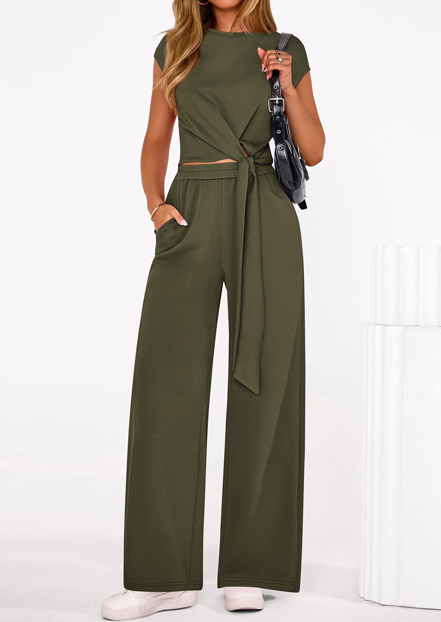 PRETTYGARDEN 2 Piece Matching Lounge Sets For Women Summer Short Sleeve Tie Front Crop Tops Casual Wide Leg Pants Tracksuit PRETTYGARDEN