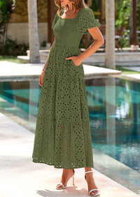 PRETTYGARDEN Dresses for Women Eyelet Square Neck Puff Sleeve Smocked Wedding Guest Maxi Dress with Pockets