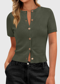 PRETTYGARDEN Womens Casual Summer Short Sleeve Cardigans Button Down Knitted Sweater Basic Crew Neck Crop Tops