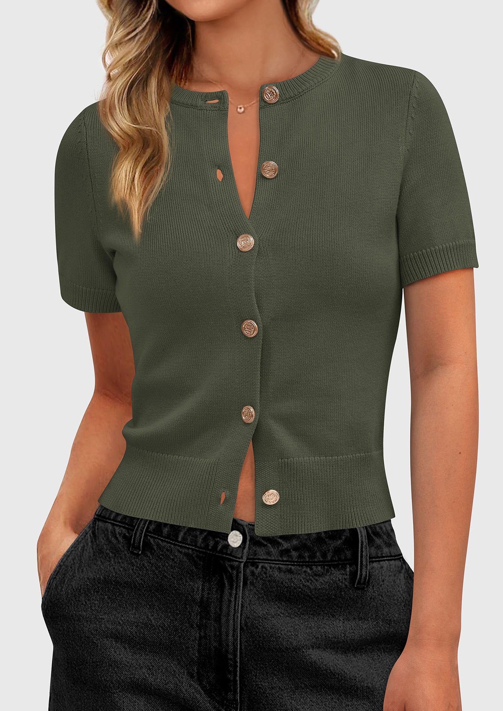 PRETTYGARDEN Womens Casual Summer Short Sleeve Cardigans Button Down Knitted Sweater Basic Crew Neck Crop Tops