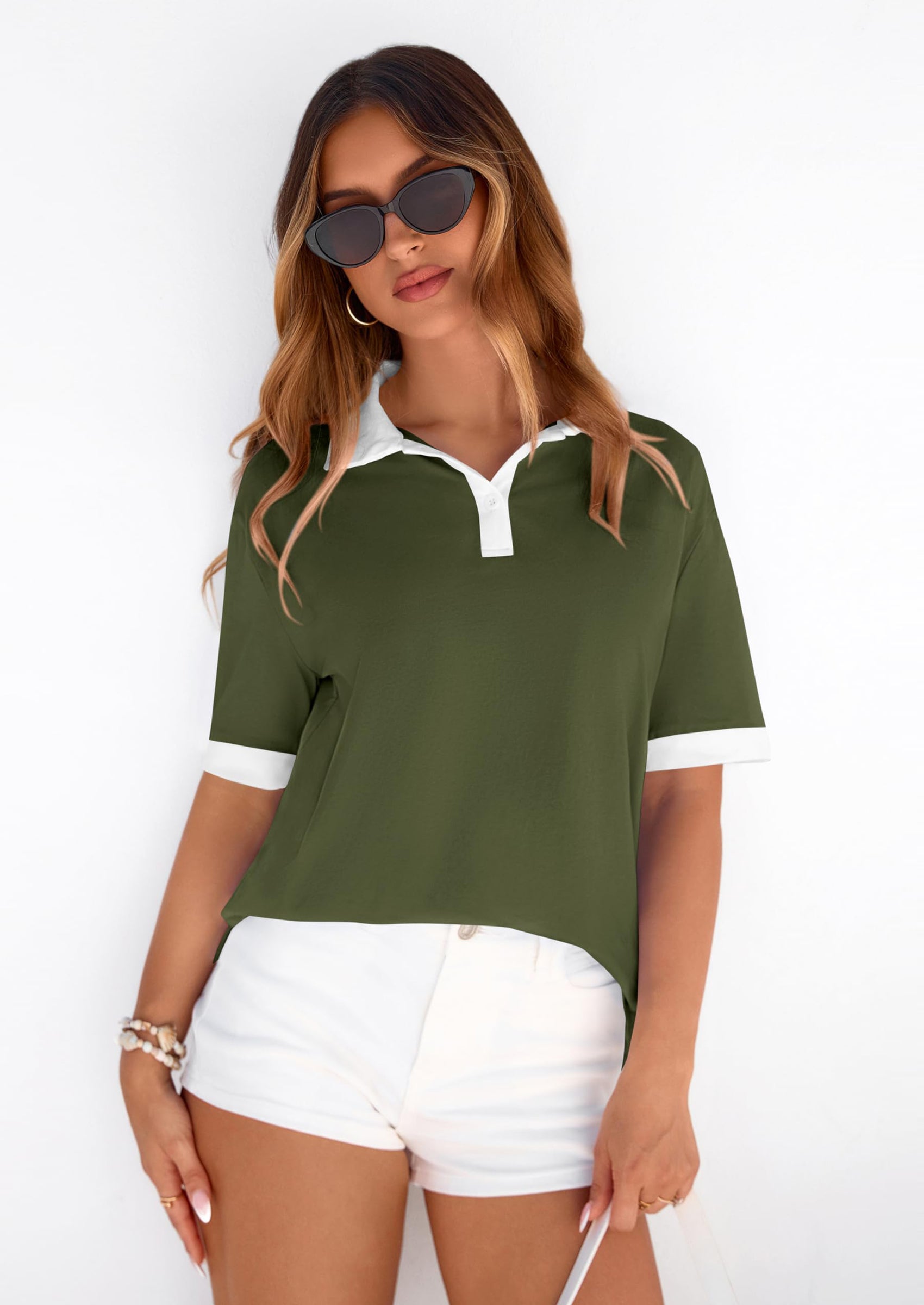 PRETTYGARDEN Summer Short Sleeve Polo Shirts for Women Collared V Neck Work Dressy Tops Knit Loose Business Casual Outfits PRETTYGARDEN