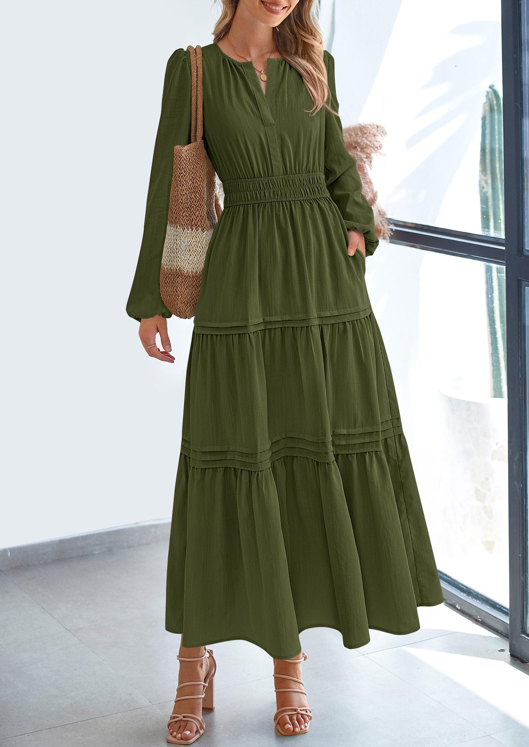 PRETTYGARDEN Women's Elegant Maxi Dresses Long Sleeve V Neck Flowy Pockets Casual Modest Dress Fall Fashion Clothes