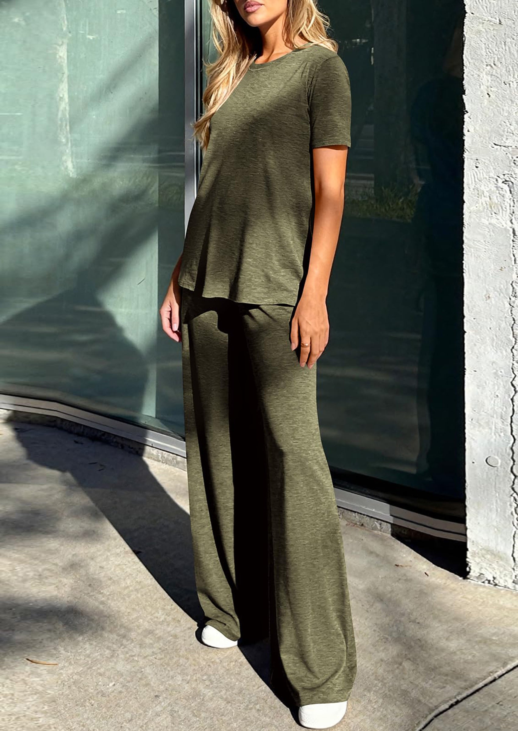 PRETTYGARDEN Summer Lounge Sets for Women 2 Piece Short Sleeve Crewneck Cute Tops and Wide Leg Pants with Pockets Pj Set PRETTYGARDEN