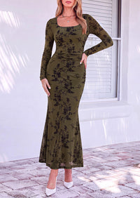 PRETTYGARDEN Women's Long Sleeve Floral Maxi Bodycon Dress  Cocktail Dresses for Wedding Guest, Square Neck, Stretchy Mesh, Elegant Classy, Formal Holiday Party, Fall Date Night Outfits
