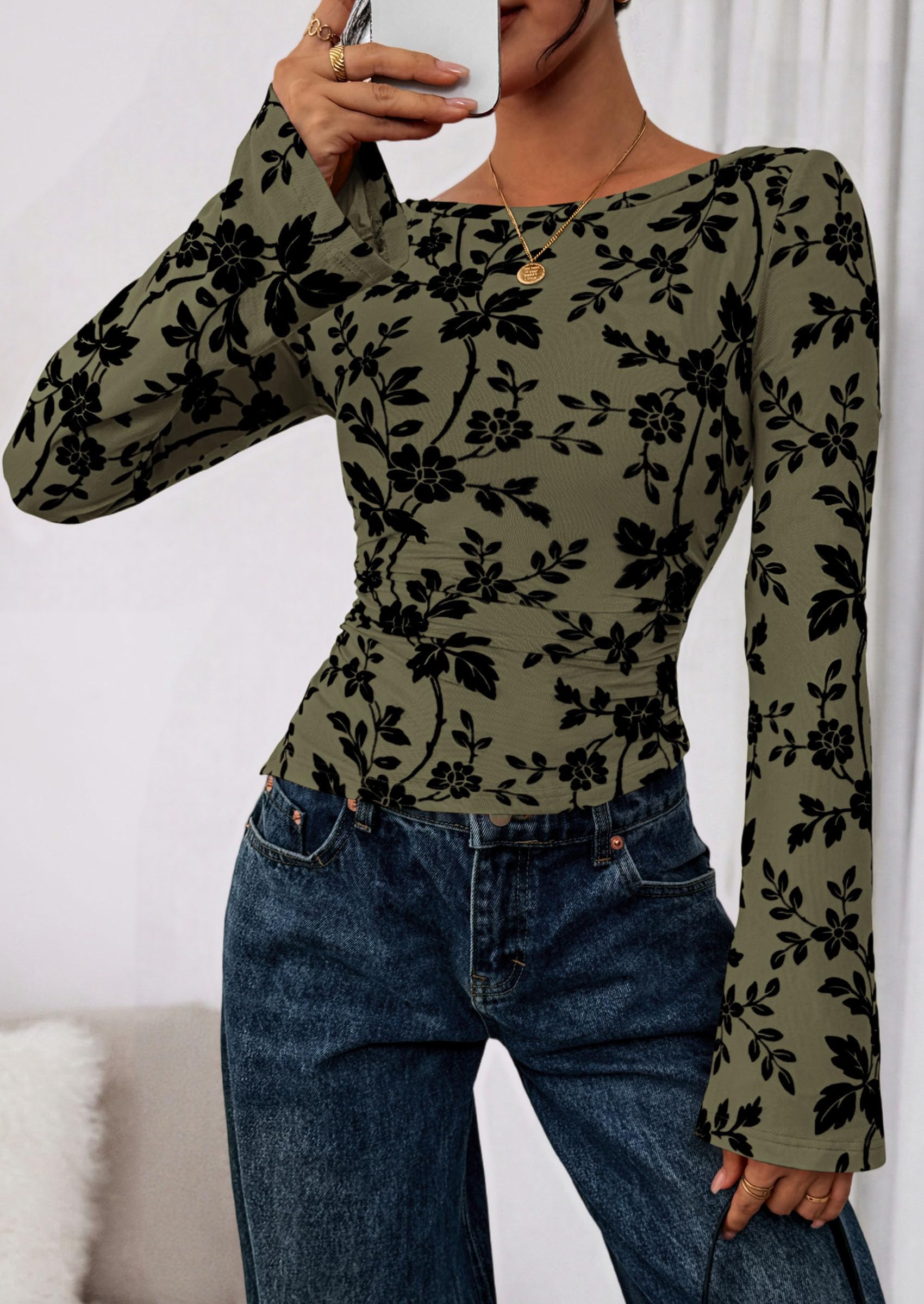 PRETTYGARDEN Women Long Sleeve Floral Mesh Tops Blouse  Fall Trendy Boat Neck Ruched Fitted Shirt Going Out Date Outfits