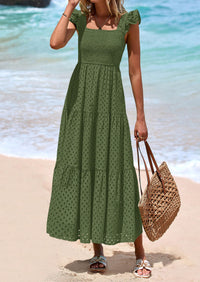 PRETTYGARDEN Womens Square Neck Maxi Dresses Cap Sleeve Eyelet Smocked Tiered A Line Flowy Long Dress with Pockets