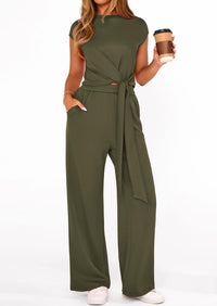 PRETTYGARDEN 2 Piece Matching Lounge Sets For Women Summer Short Sleeve Tie Front Crop Tops Casual Wide Leg Pants Tracksuit PRETTYGARDEN