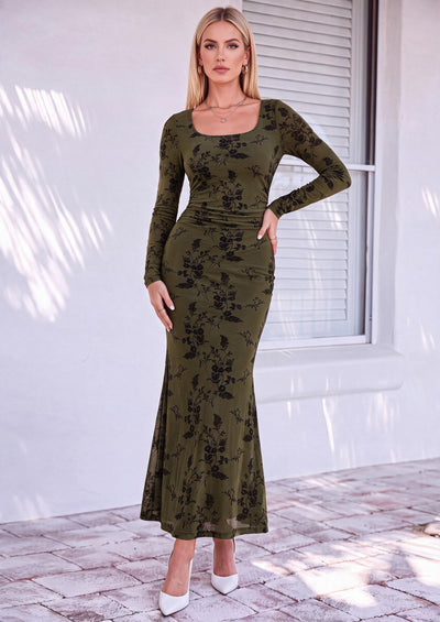 PRETTYGARDEN Women's Long Sleeve Floral Maxi Bodycon Dress  Cocktail Dresses for Wedding Guest, Square Neck, Stretchy Mesh, Elegant Classy, Formal Holiday Party, Fall Date Night Outfits
