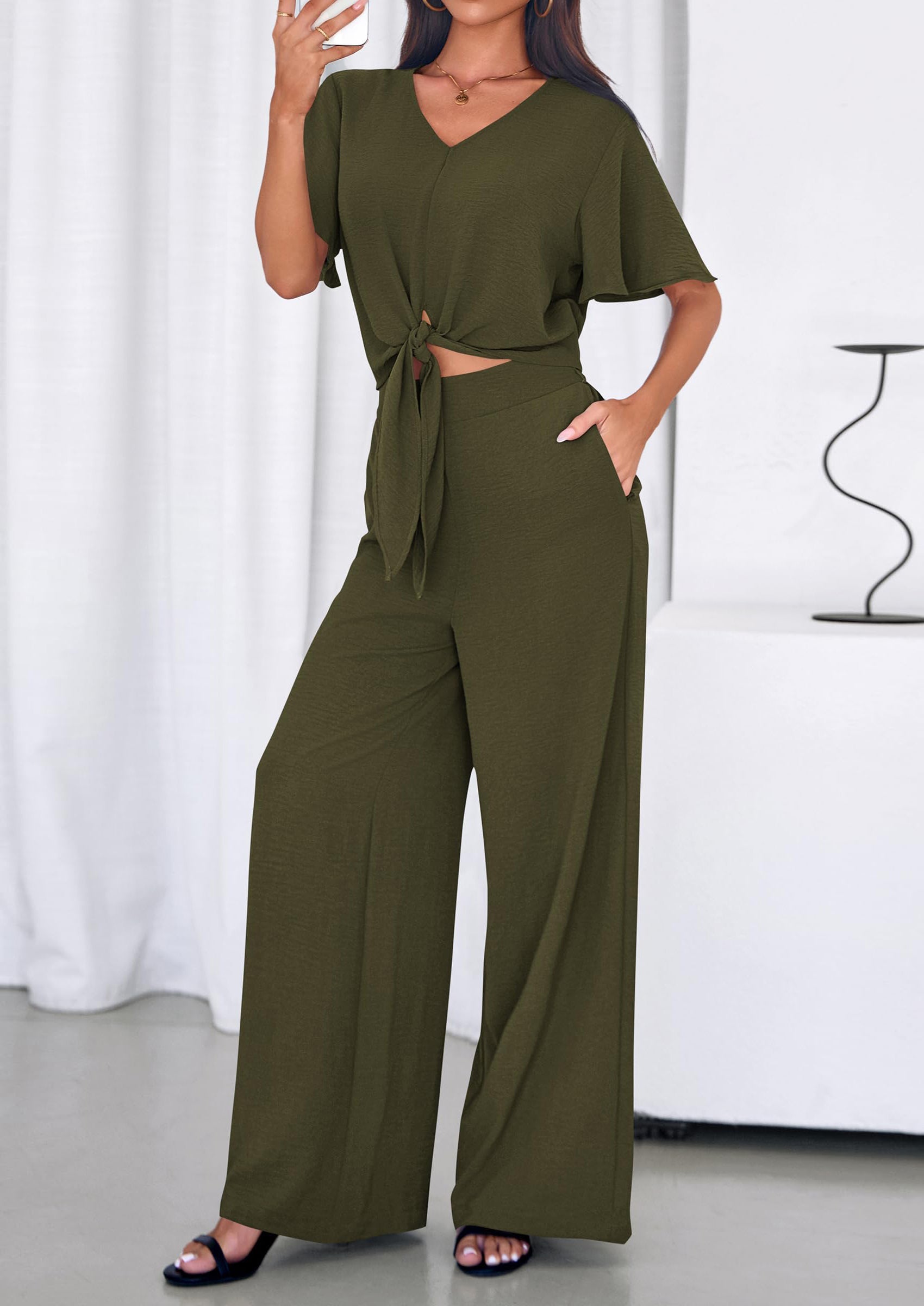 PRETTYGARDEN Women 2 Piece Summer Outfits Short Sleeve Strappy Top Wide Leg Pants Tracksuit Lounge Sets Beach Clothes PRETTYGARDEN