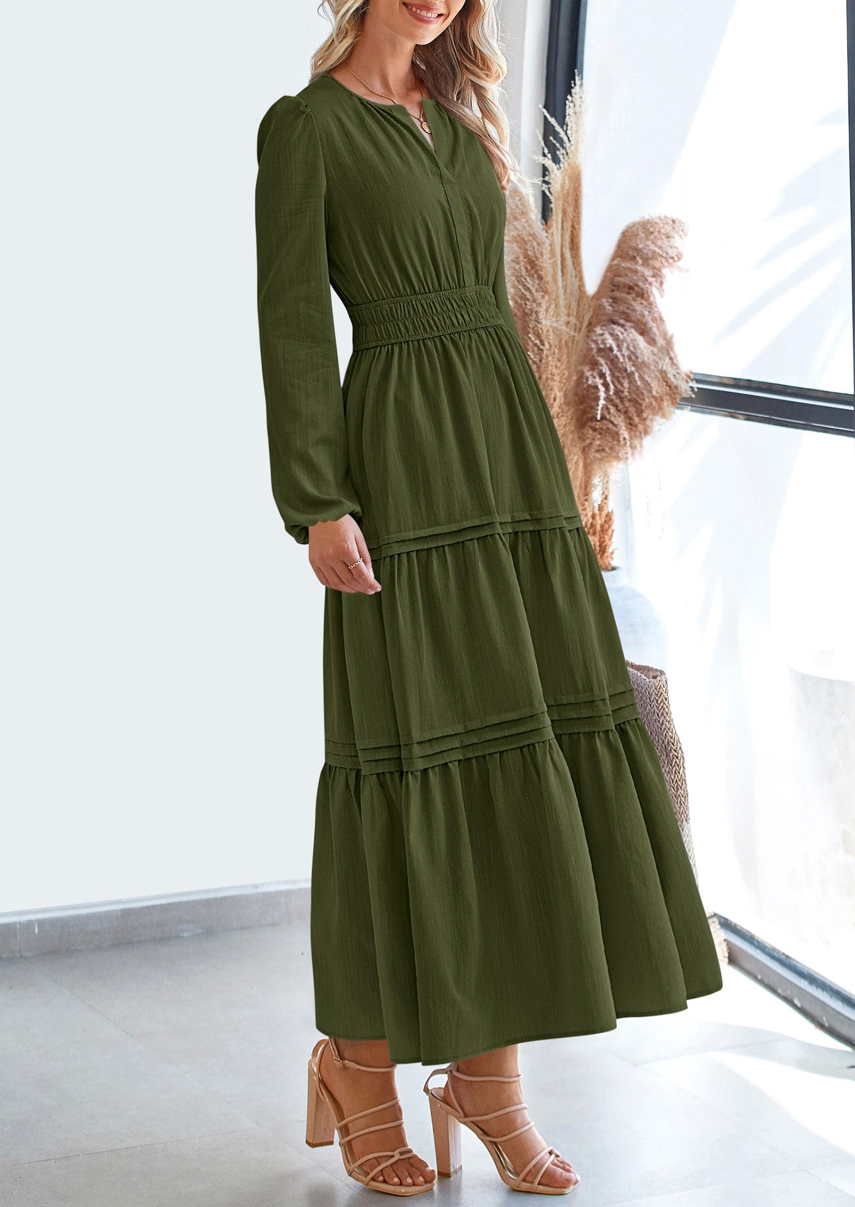 PRETTYGARDEN Women's Elegant Maxi Dresses Long Sleeve V Neck Flowy Pockets Casual Modest Dress Fall Fashion Clothes