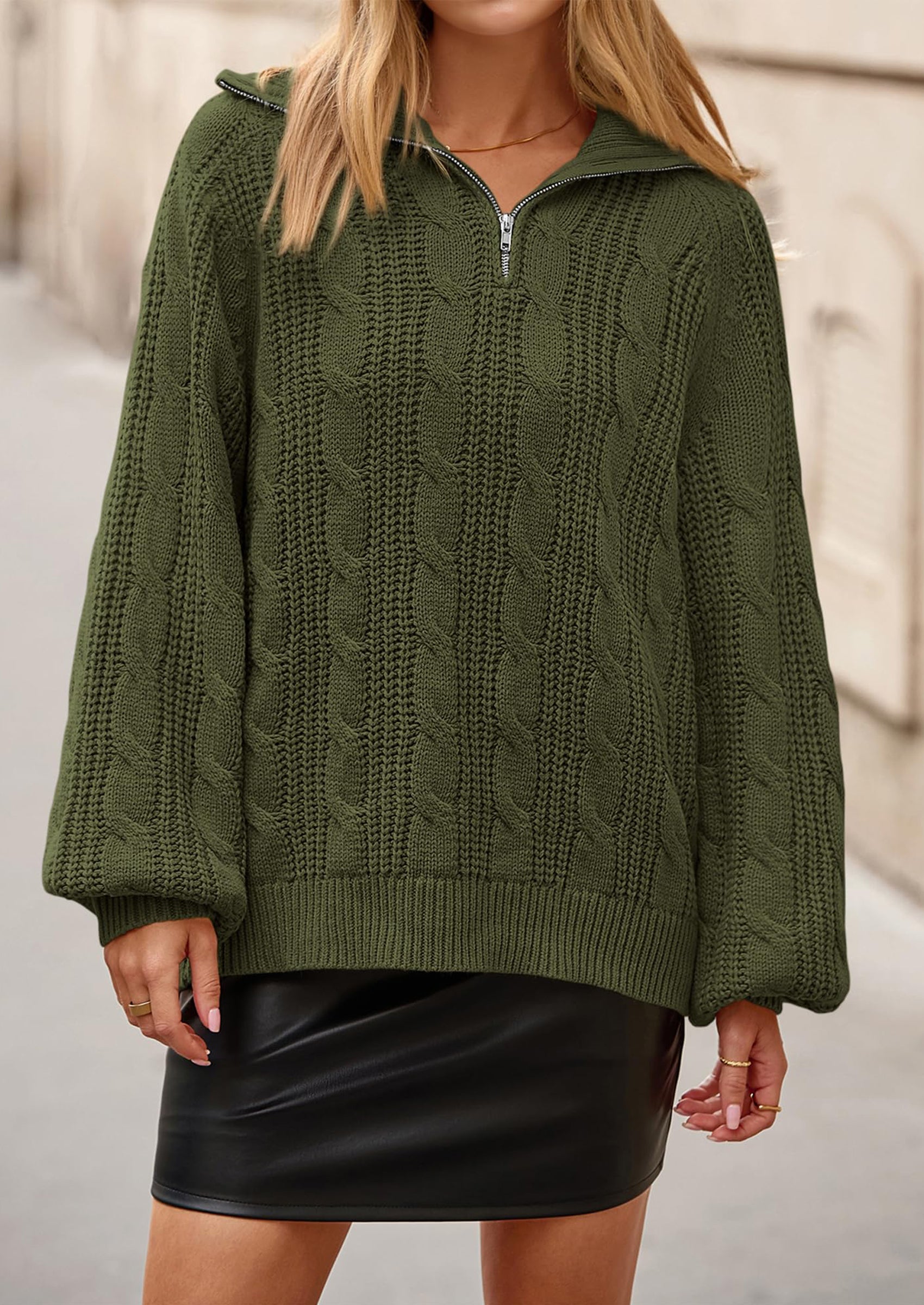 BTFBM Sweaters for Women Fall Fashion Loose Quarter Zip Pullover Collared Long Sleeve Cable Knit Winter Clothes