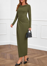 PRETTYGARDEN Women's Fall Wedding Guest Cocktail Midi Dresses Elegant Long Sleeve Bodycon Ruched Dress Fashion Clothing PRETTYGARDEN