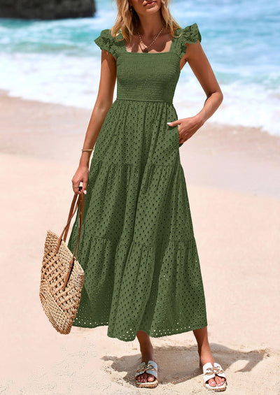 PRETTYGARDEN Womens Square Neck Maxi Dresses Cap Sleeve Eyelet Smocked Tiered A Line Flowy Long Dress with Pockets