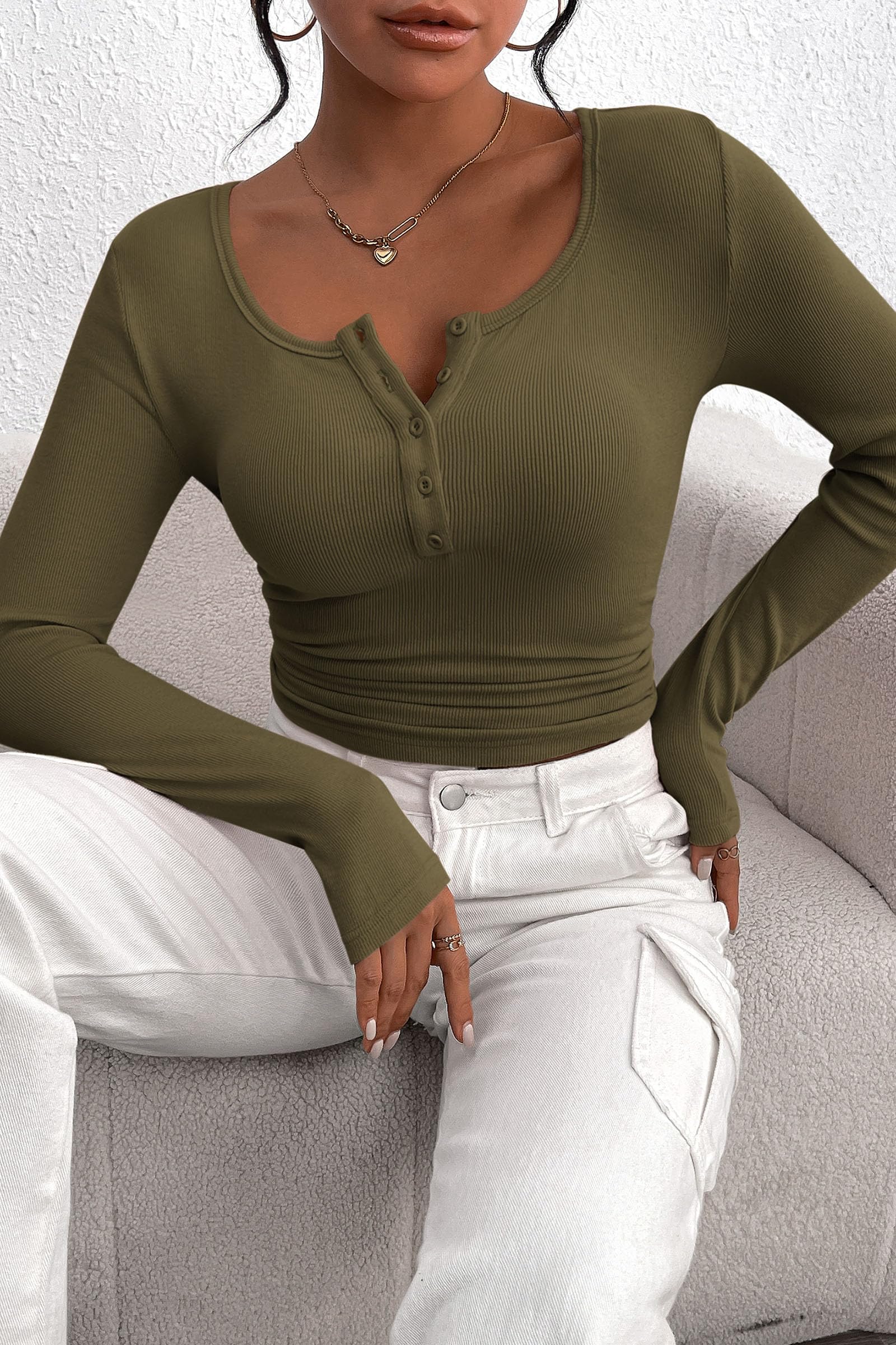 PRETTYGARDEN Women's Spring Fall Long Sleeve Henley T Shirts Button Ribbed Knit Slim Fit Casual Basic Tops Blouse